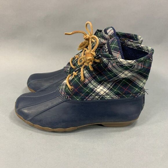 Sperry Rain Boots Women's Size 7.5 Blue Plaid Syren Gulf Rubber Duck Boots - Picture 5 of 11